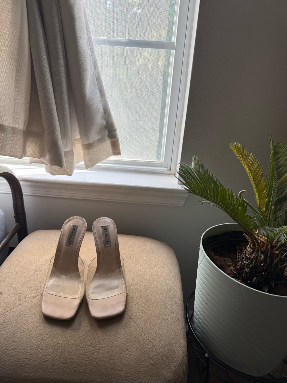 Steve Madden Nude Square-Toe Clear-Strap Mule Heels